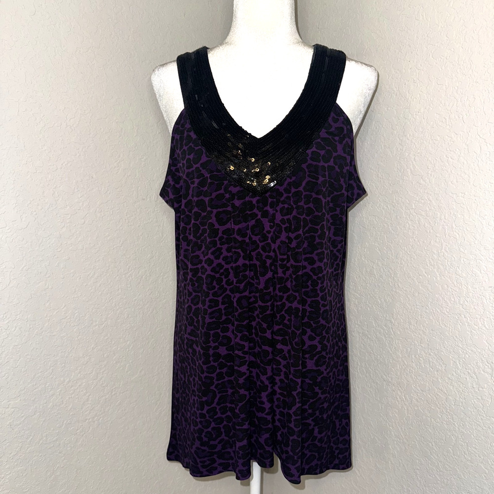 Fashion Bug Tank Top Women's 0X Purple Leopard Print Sequin Neckline Vintage Y2K